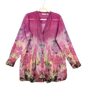 SOFT SURROUNDINGS Purple Floral Watercolor Harmonia Sheer Button Top SIZE LARGE